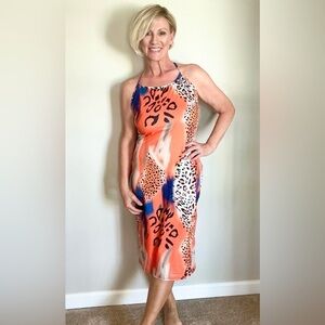 Adorable summer body on dress. Poly blend that is super stretchy.